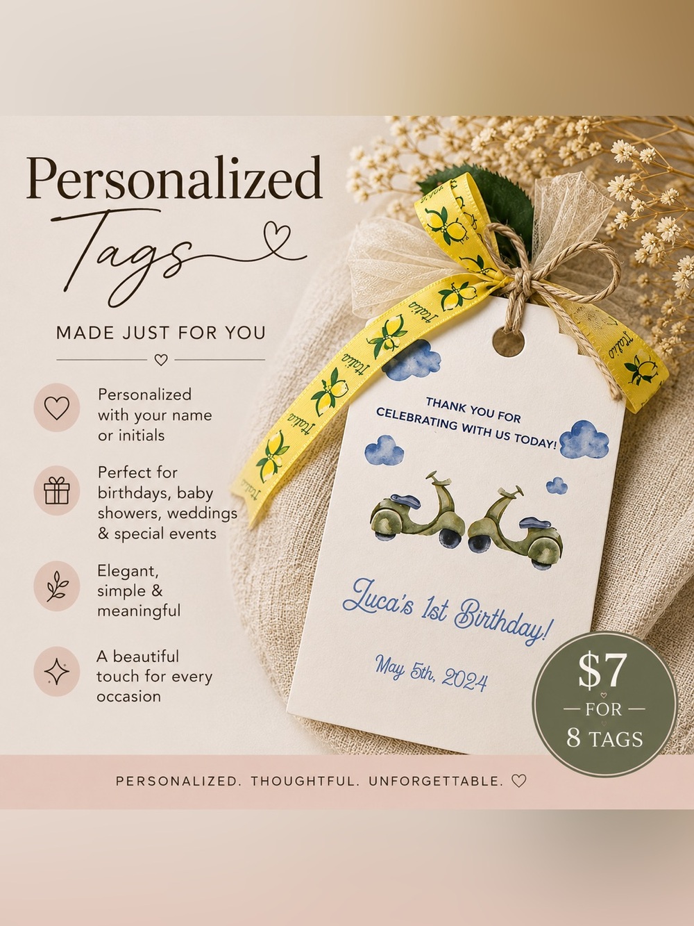 Personalized Luca's 1st Birthday Thank You Tags - Yellow Lemon Ribbon